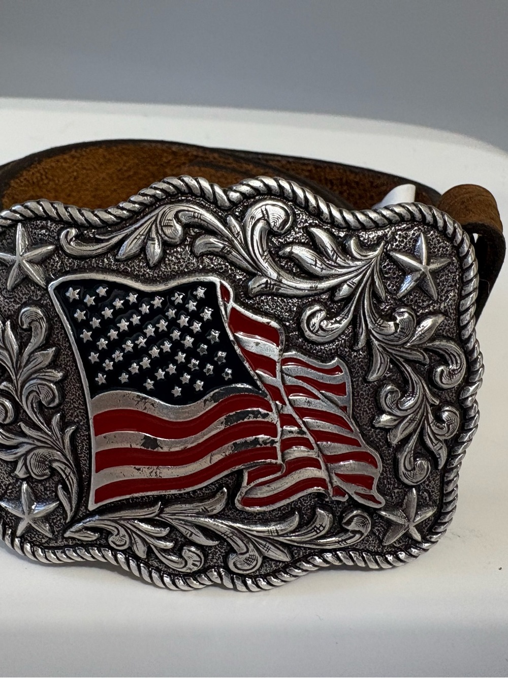 American Flag Western Belt and Buckle - Brown Leather - Size 26 - measures 32”